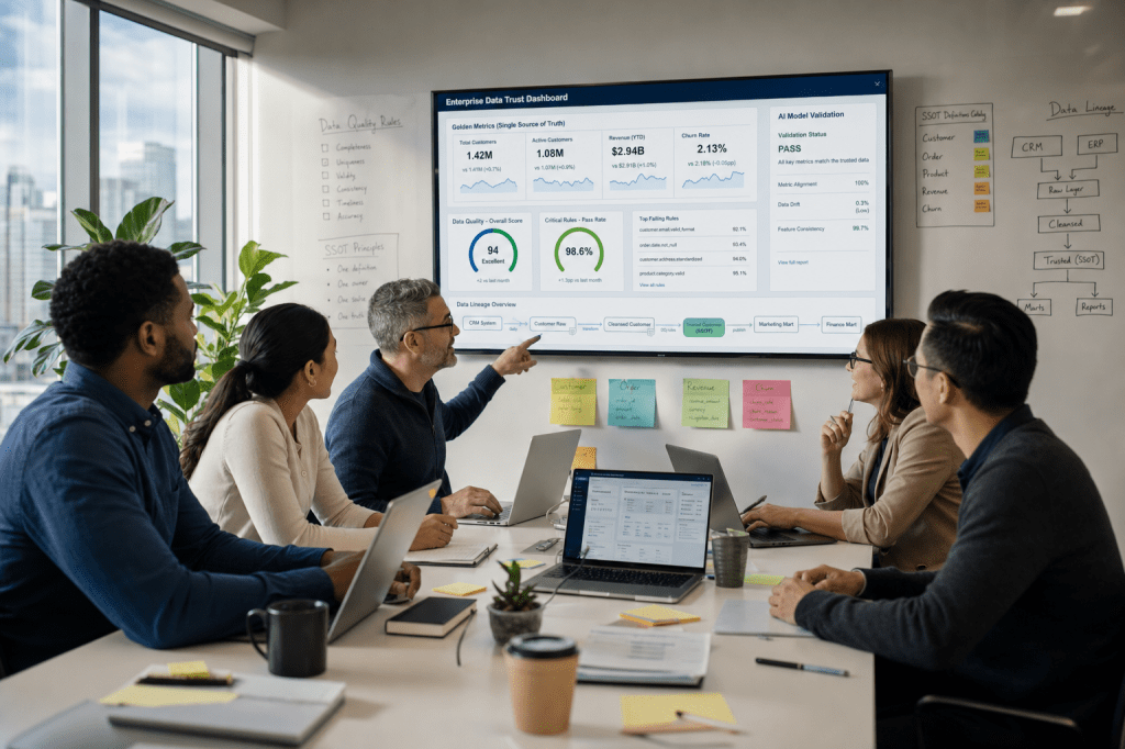 Hoe zorg je voor betrouwbare data-kwaliteit en duidelijke datadefinities (single source of truth) zodat je AI-modellen en dashboards consistent dezelfde inzichten geven?