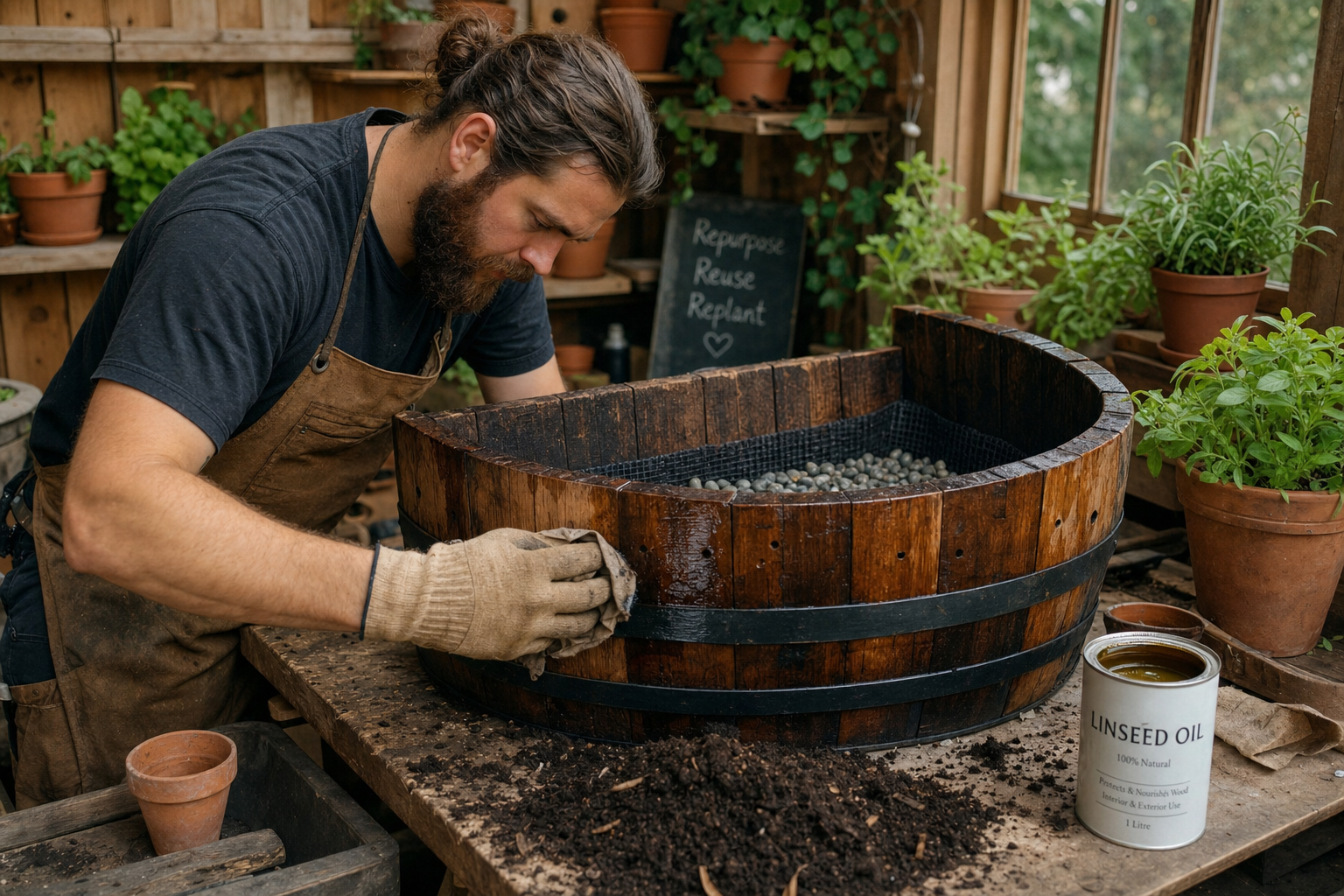 Wijnvat omgebouwd tot plantenbak