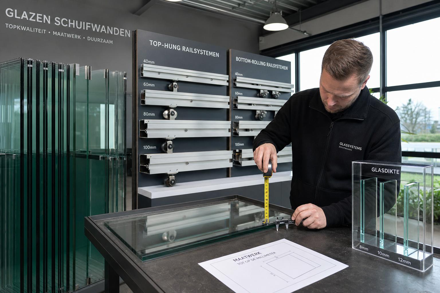Detail van glazen schuifwand rails en beslag